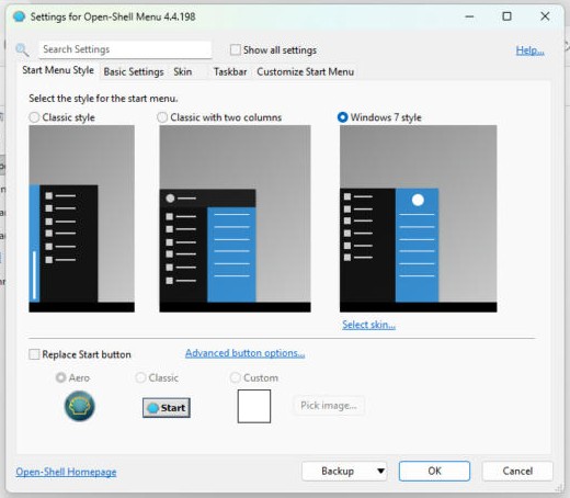 Open-Shellの「Start Menu Style」タブ